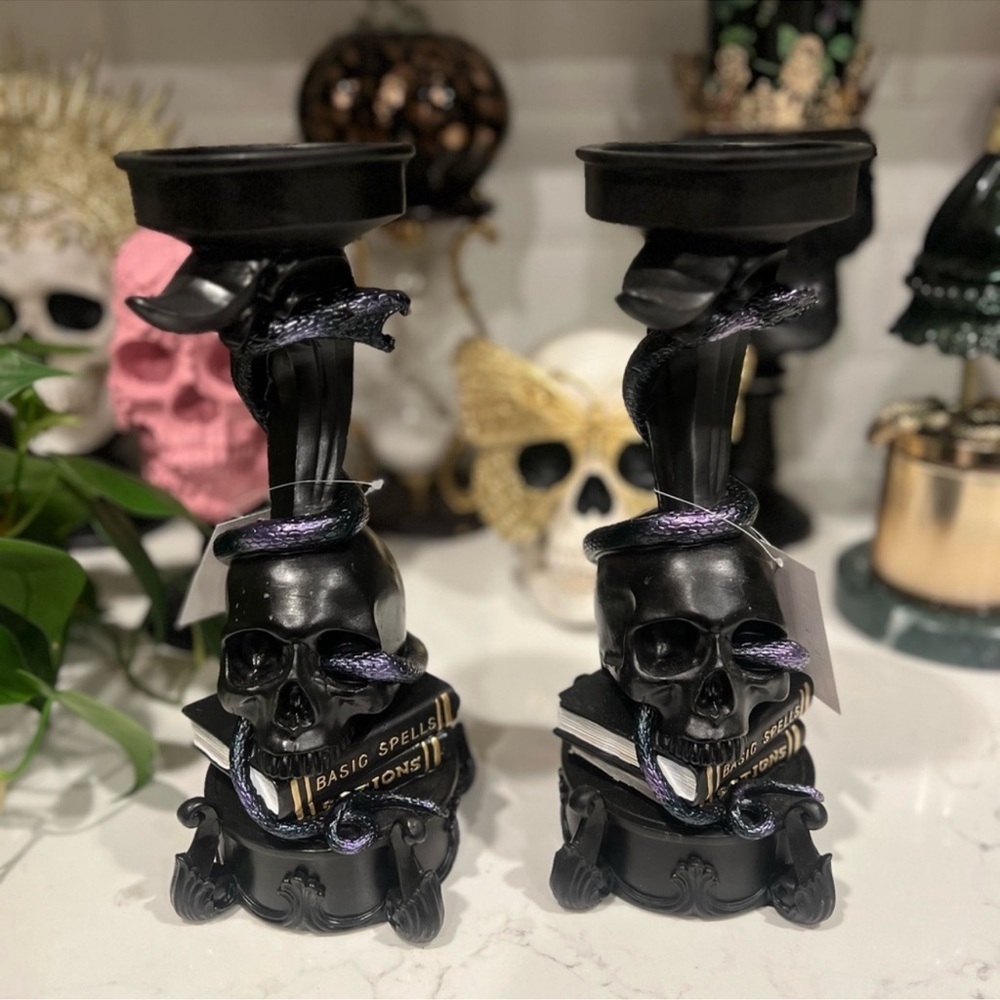 New Spooky Halloween Large Black Skull Spells Snake Candle Holder Decor Set of 2 - Picture 2 of 8